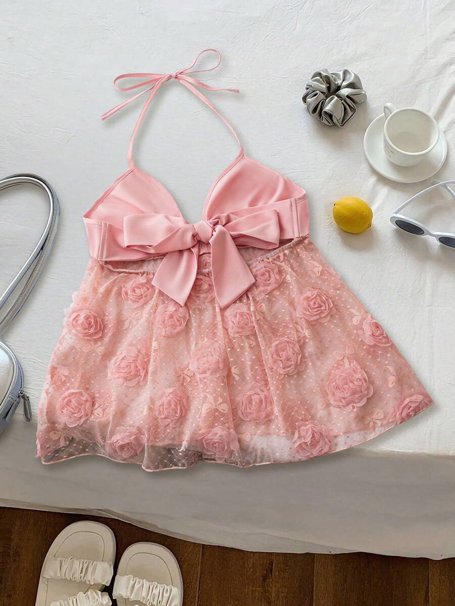 SHEIN Holidaya Top con cuello halter con inserciones de malla y diseño 3D de rosa para mujer - Rosa - Ver 1