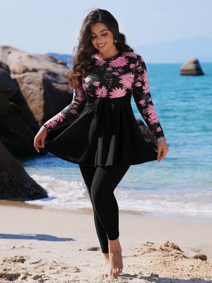 Swim Mulvari 大码女式 2 件装花卉印花连衣裙，腰部蝴蝶结海滩罩衫，端庄泳衣 Burkinis