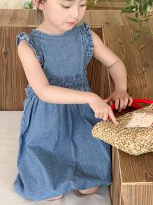 DAZY Vestido de mezclilla de manga corta y cuello redondo para niñas, conjunto de ropa de verano para niñas - Azul lavado medio - Ver 4