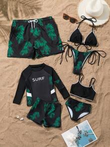Young Girl' Black Floral Print 2 Pieces Tankini Swimwear Set, Random Pattern - Black - View 1