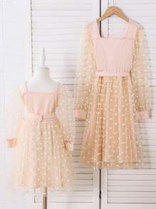 Young Girl Patchwork Polka Dot Mesh Long Sleeve Square Neck Dress,Blush Pink,Autumn,Fairy,Formal,Party,Suitable For Parent-Child Activities,Soft Dress - Apricot - View 2
