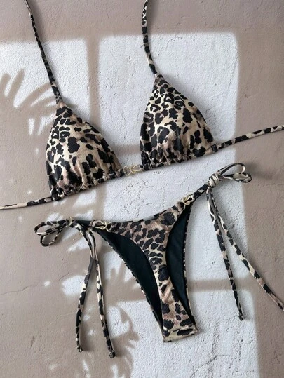 Swim Vcay 2pcs/Set Women's Beach Vacation Leopard Print Random Floral Gold Accent Halter Top And Side Tie Bikini Bottom Sexy Swimwear Set For Summer