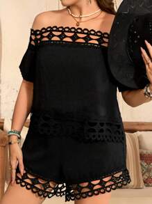 SHEIN LUNE Plus Size Women Textured Casual Vacation 2 Pieces Set Off Shoulder Cut Out Top & Shorts Concert Outfit - Black - View 3