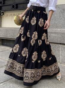 Pariaura Fashionable Flared Black Print A-Line Skirt, Versatile And Elegant For Women In Spring/Summer Fall Cloth For Women