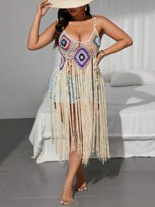 SHEIN Swim Curve 大码女式沙滩罩衫钩针镂空系带流苏连衣裙 - 杏色 - 查看 1