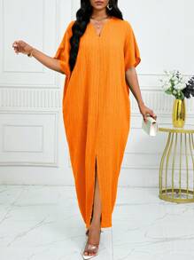 SHEIN Lady Autumn And WinterWorkGreenNotchedBatwing SleeveKaftan Dress - Orange - View 6