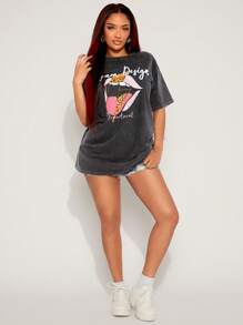SHEIN SXY Summer;Oversized Vintage Distressed Snow Washed Short Sleeve T-Shirt, Loose Fit Pullover Tee With Leopard Lip Print, Versatile Casual/Sport/Party Wear For Spring & Autumn - Black - View 3