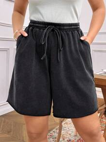 SHEIN LUNE Plus Size Washed Pockets Casual Shorts Cotton Cowgirl Summer For Women Graduation Spring Women Summer Graduation Easter Women Spring Summer Vacation Bohemia Easter Women Shorts - Black - View 2