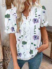 SHEIN LUNE Áo cánh tay bồng ren họa tiết hoa tương phản dành cho nữ, hoàn hảo cho kỳ nghỉ - Màu tím - Xem 5