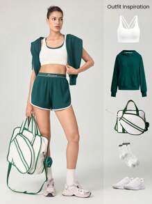 GLOWMODE Tennis Get In Motion Layered Side Slit Contrast Waistband Trim Shorts With Built-In Shorts Medium Impact Running Training Workout Gym - Dark Green - View 7