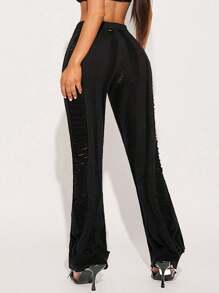 SHEIN SXY Fashionable Personalized Front Hollow Semi-Sheer Straight Leg Long Knitted Pants - Black - View 2