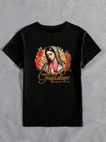 INAWLY 女士 Virgin Of Guadalupe 设计休闲圆领短袖 T 恤，适合所有季节 - 黑色 - 查看 3