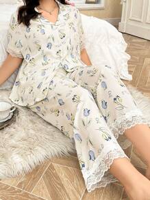 Plus Size Lace Trim Bubble Print Short Sleeve Pajama Set - Apricot - View 4