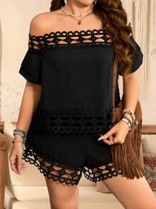 SHEIN LUNE Plus Size Women Textured Casual Vacation 2 Pieces Set Off Shoulder Cut Out Top & Shorts Concert Outfit - Black - View 6