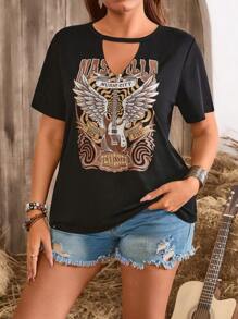 SHEIN LUNE Blusa de verano para mujer tallas grandes con estampado de guitarra, manga corta para festivales y uso diario - Negro - Ver 3
