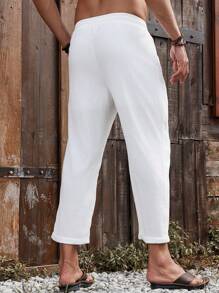 Manfinity RSRT Men's Casual Versatile Solid Color Drawstring Waist Pants Linen Pants For Men White Linen Pants Men Men Linen Bottoms, Fall - White - View 2
