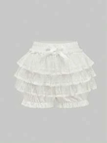 ROMWE Lolita Multilayers Cake Skirt With Bow, White Gothic Lace Splice Bow Solid Pumpkin Lantern Shorts, Bridesmaids Dress - White - View 5
