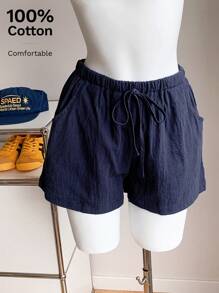 Comfortcana Solid Knot Waist Wide Leg Shorts - Navy Blue - View 5