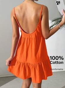 SHEIN EZwear Vestido casual de tirantes finos y espalda descubierta tipo babydoll color naranja para vacaciones