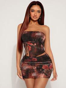 SHEIN SXY Vintage Allover Print Sexy Semi-Transparent 2 Pieces Set, Irregulär Asymmetric Bandeau Top And Mini Skirt, Suitable For Daily Outing, Party, Club, Beach Holiday, Music Festival - Multicolor - View 3