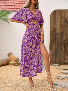 Breezaya Váy Maxi hở lưng họa tiết hoa phía trước thắt nút xoắn xẻ tà cho nữ - Màu tím - Xem 6