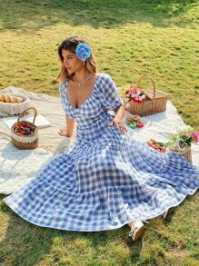 Flirla Váy xòe tay bồng kẻ caro xanh trắng cỡ lớn bằng vải chiffon buộc lưng, mùa xuân/hè - Màu xanh lam - Xem 1