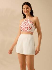 CAJUNI Women's Boho Tropical Floral & Monstera Plant Print Crop Halter Top, Casual Summer Beach Wear