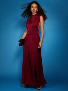 COSMINA Women's Sleeveless Pleated Dress, Elegant Stand Collar Fashion - Burgundy - View 1
