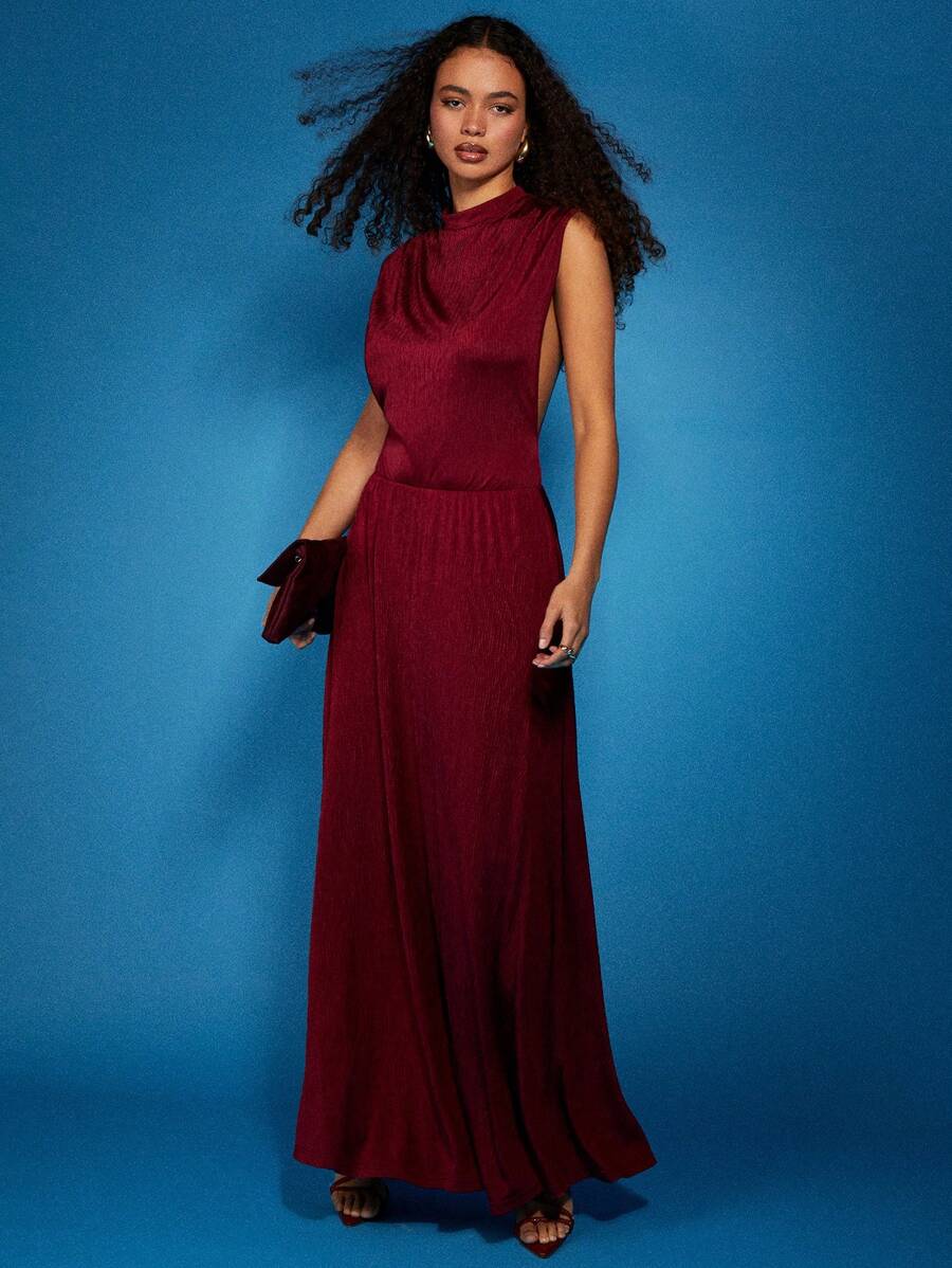 COSMINA Women's Sleeveless Pleated Dress, Elegant Stand Collar Fashion - Burgundy - View 1