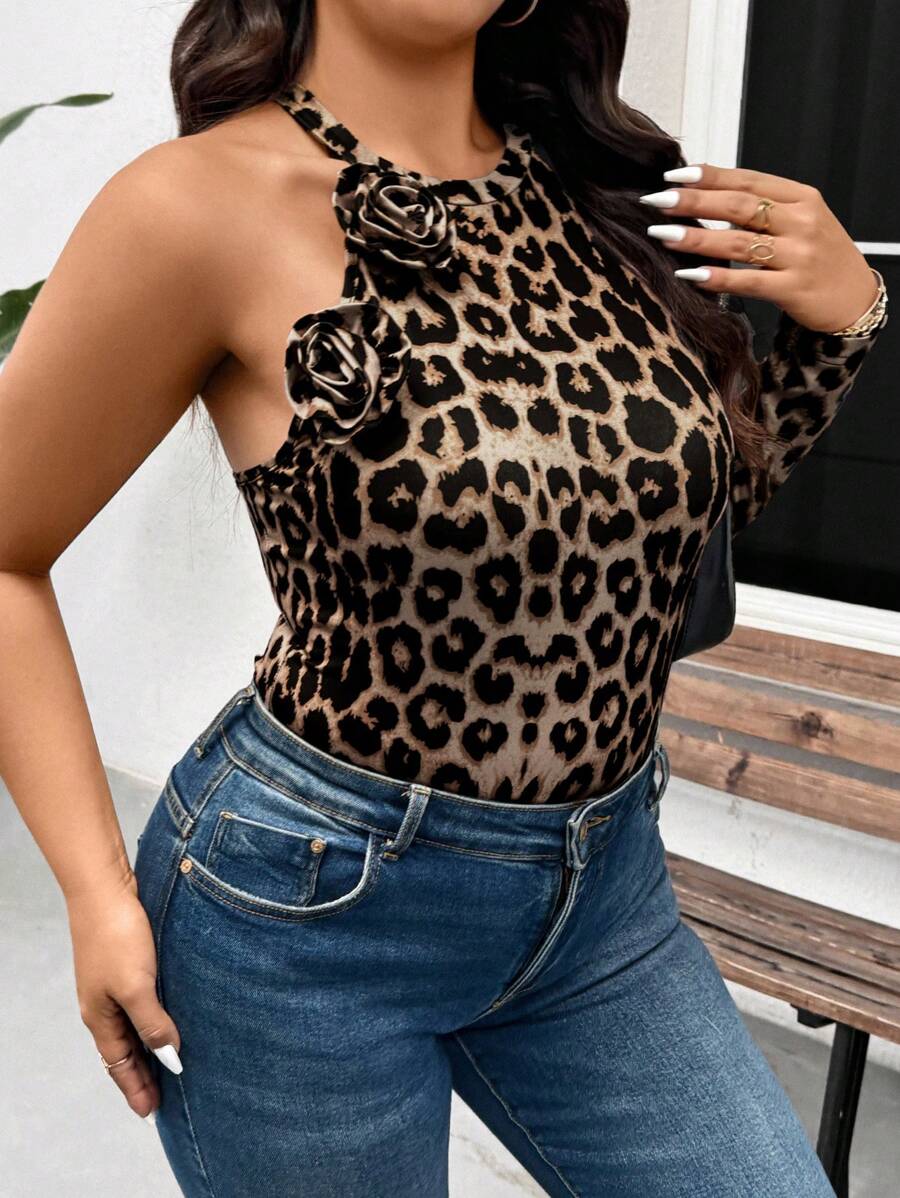 SHEIN Frenchy Plus Size Fashion Leopard Print 3D Floral Decor Asymmetric Bodysuit - Multicolor - View 1