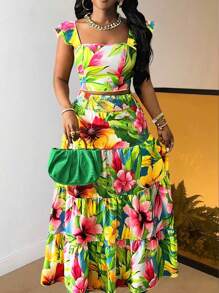 Slaydiva Plus Size Vacation Casual Colorful Floral & Tropical Leaves Print Cap Sleeve Crop Top And Tiered Maxi Skirt Set, Spring/Summer,Holiday Outfits