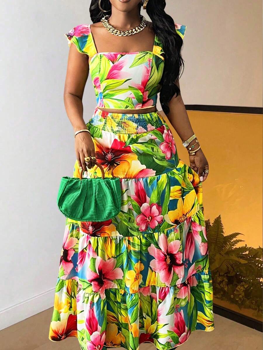 Slaydiva Plus Size Vacation Casual Colorful Floral & Tropical Leaves Print Cap Sleeve Crop Top And Tiered Maxi Skirt Set, Spring/Summer,Holiday Outfits