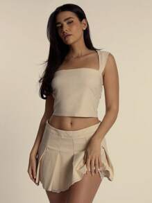 MUSERA Lace Trim Structured Square Neck Cropped Top Spring Summer Cute - Cream - View 1