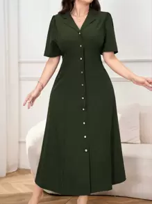 Modelyn Plus Size Solid Color Button Front Summer Short Sleeve Dress Maxi Women Outfit Long Evening Dresses - Army Green - View 1