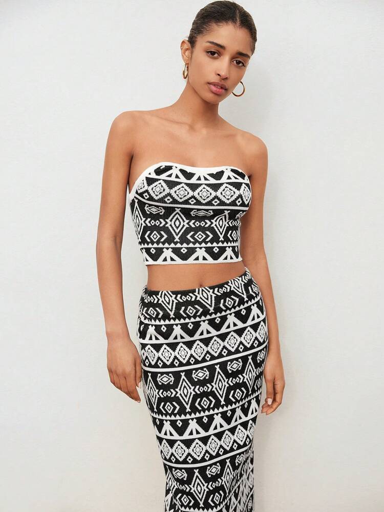 SHEIN Maija Women Casual Bandeau Top And Skirt Set, Minimalist Fashion For Daily Wear