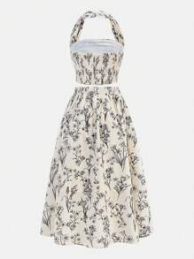 SHEIN Tween Girl 2 Pieces Floral Print Halter Neck Top And Midi Skirt Set