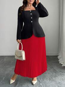 Elenzga 2pcs Plus Size Solid Color Long Sleeve Jacket And Skirt Set