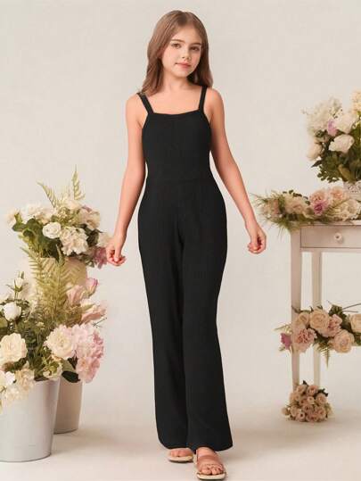 适合少女的优雅黑色无袖连体裤，适合派对、度假、舞会、花童等。