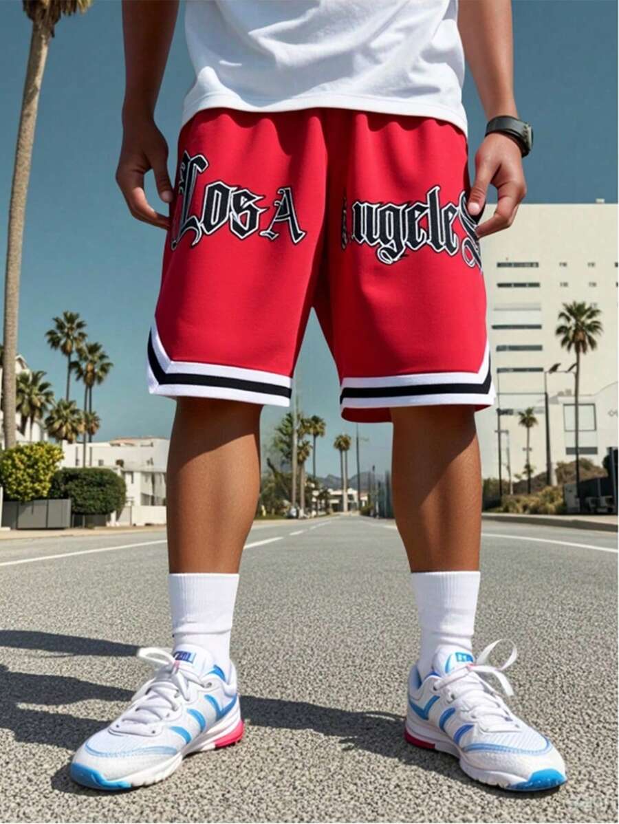 SHEIN Tween Boy Letter Graphic Contrast Tape Shorts - Red - View 1