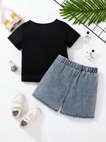 SHEIN 2 件套年轻男孩休闲简约舒适圆领短袖 T 恤和牛仔裤 - 黑色 - 查看 2