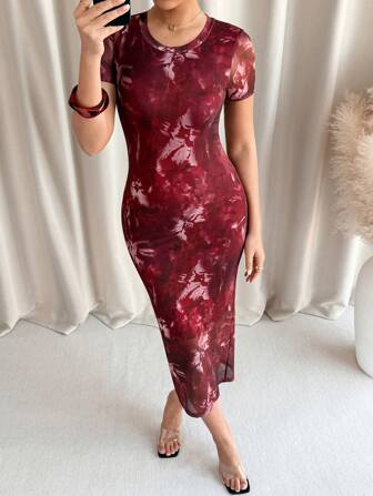 SHEIN Clasi Women's Red Abstract Mesh Print Short Sleeve Bodycon Mini Dress, Summer Beach Country Concert Casual Vacation Boho Outfit, Saint Patrick, Rave Outfits, Festival, St Patrick Day Outfit Ibiza Fits, Spring Break, Casual Going Out Outfit
