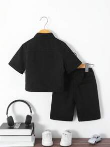 2pcs/Set Casual Washed Denim Shirt With Collar & Short Sleeve + Denim Shorts Set, Essential Summer Outfit For Young Boy - Black - View 2