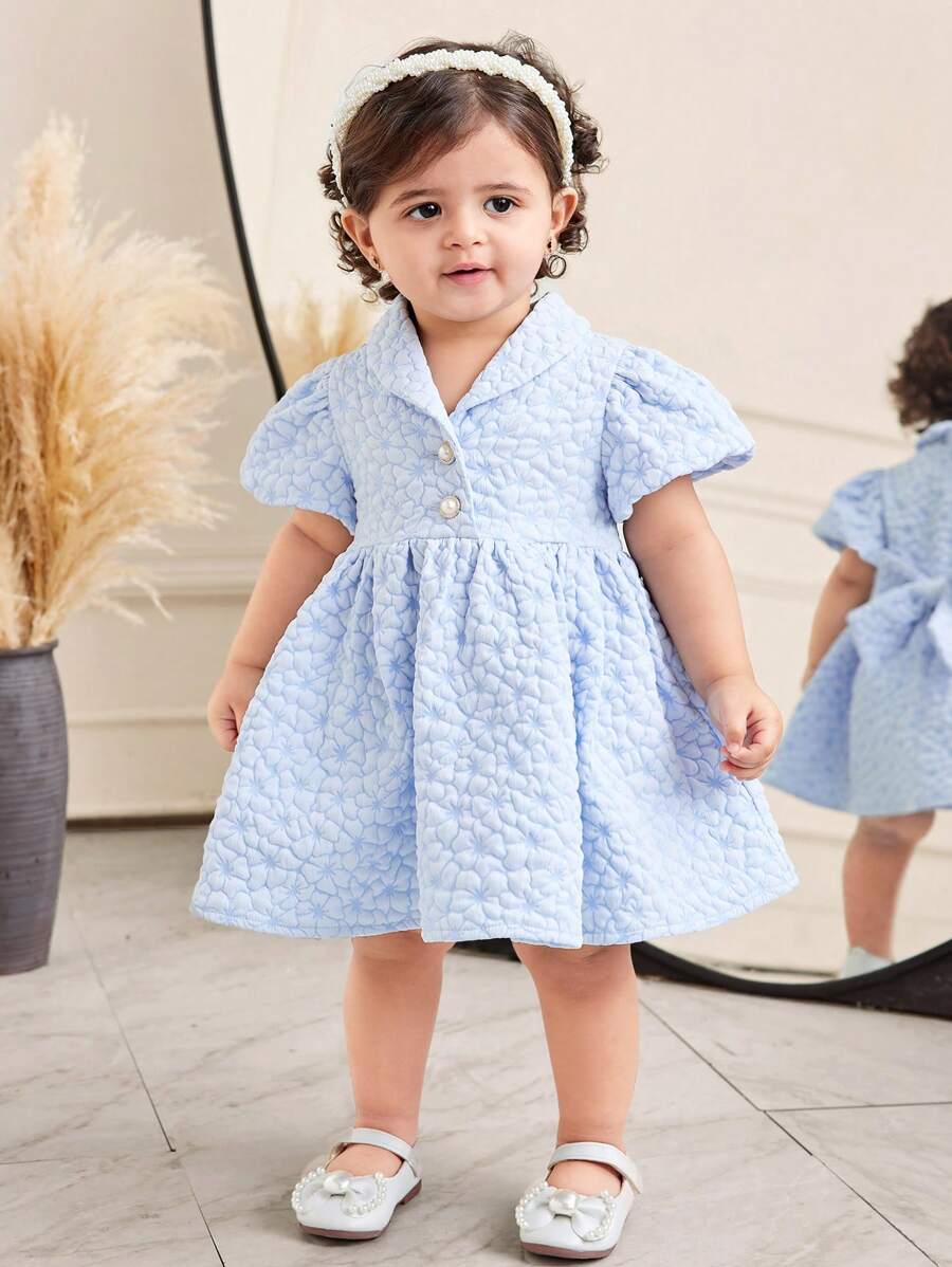 SHEIN Leap Crew Baby Girl Summer Cute Textured Blue Short Sleeve Collared Dress, Formal - Baby Blue - View 1