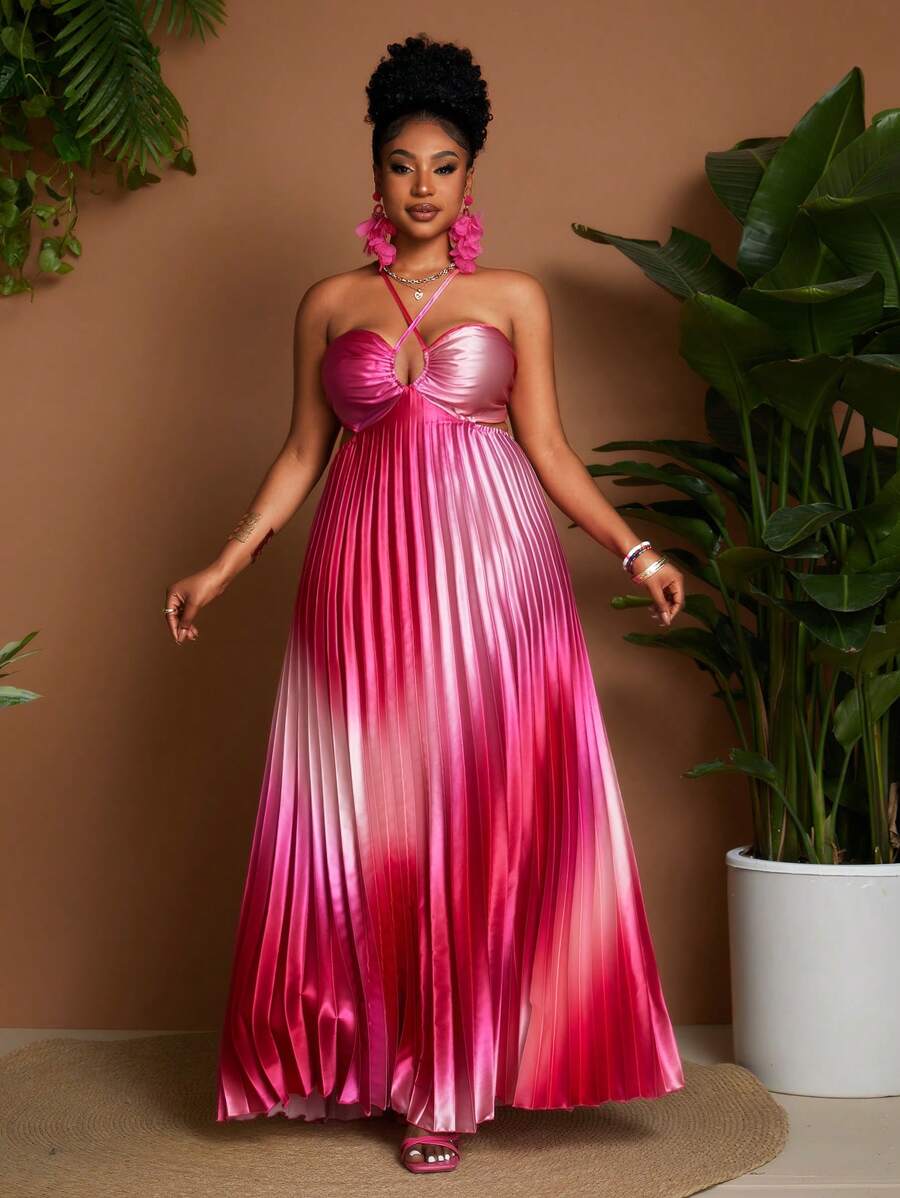 Maweii Plus Size Women Sexy & Charming Spaghetti Strap Hollow-Out Waist Gradient Color Pleated Mini Dress