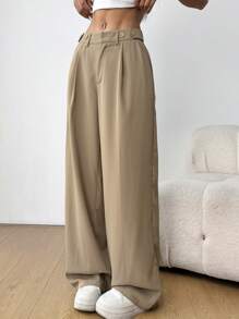 SHEIN EZwear 女士休闲通勤纯色低腰阔腿裤 - 卡其色 - 查看 5