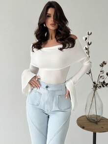 Firerie Áo len dệt kim hở vai bất đối xứng màu đen cho nữ - trắng - Xem 3