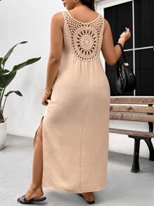 SHEIN Frenchy Váy xẻ tà ren cổ chữ V không tay cỡ lớn, thường ngày & đi nghỉ - Màu be - Xem 1