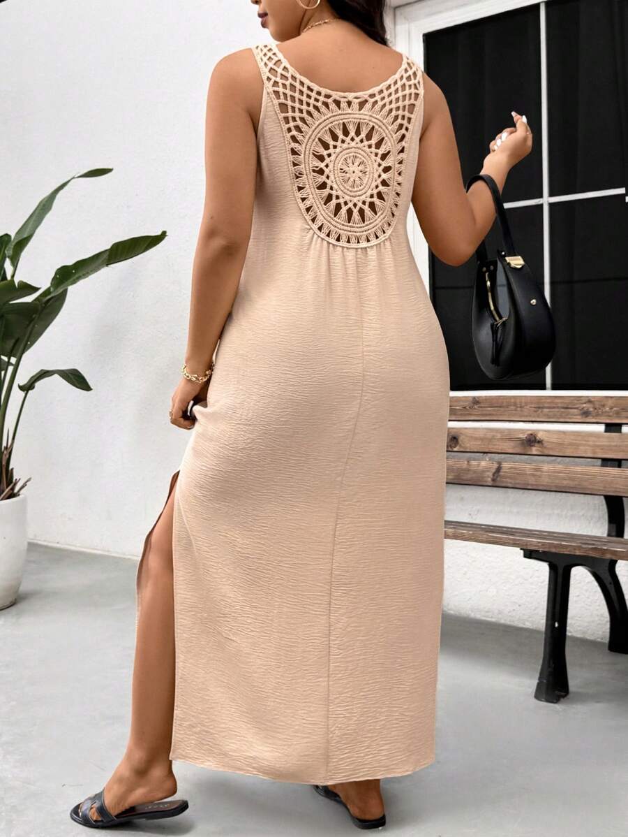 SHEIN Frenchy Váy xẻ tà ren cổ chữ V không tay cỡ lớn, thường ngày & đi nghỉ - Màu be - Xem 1