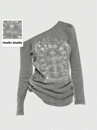 Grunge Punk T-shirt asymétrique pour femme, style vintage années 2000, avec motifs de vignes pailletées et tie dye usé, pour festival de musique