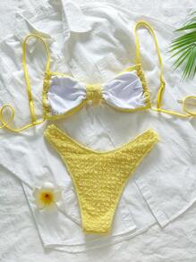 SHEIN Sweetro 2 件套，纹理面料花卉点缀细肩带抹胸上衣和高腰下装性感比基尼泳装，适合海滩/夏季